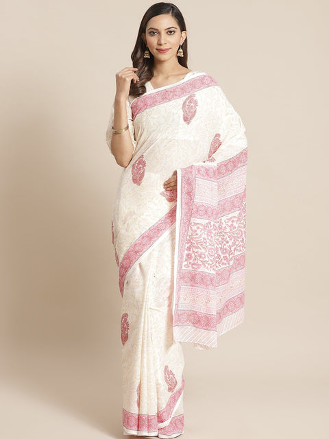 Women white and pink ethnic print Saree with atteched blouse piece