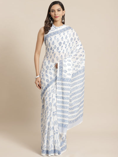 Women White and Blue ethnic print Saree with atteched blouse piece