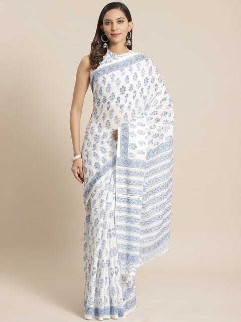 Women White and Blue ethnic print Saree with atteched blouse piece