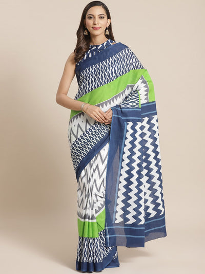 Women White and multi aztec print Saree with atteched blouse piece
