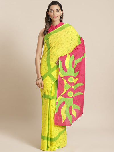 Women Yellow and Green print Saree with atteched blouse piece