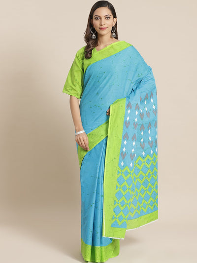Wome Green and Blue printed Saree with atteched blouse piece