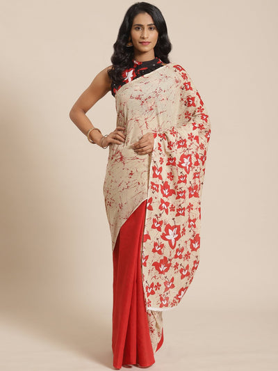 Wome Beige and Red dual tone printed Saree with atteched blouse piece