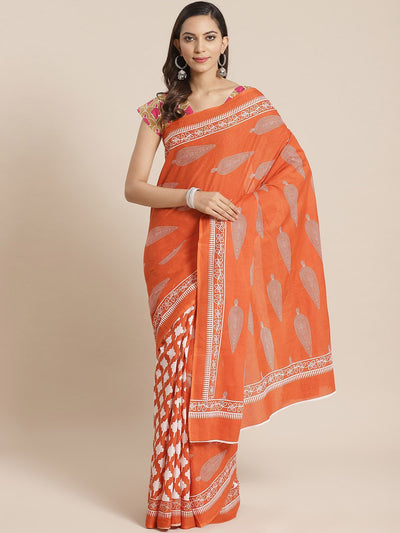 Wome Orange and White ethnic printed Saree with atteched blouse piece