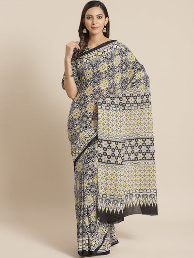 Wome Grey and yellow ethnic printed Saree with atteched blouse piece