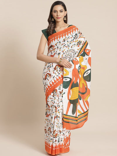 Wome White and Orange ethnic warli printed Saree with atteched blouse piece
