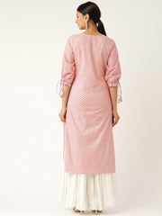 Women Baby Pink Calf Length Three-Quarter Sleeves Straight Floral Printed Cotton Kurta