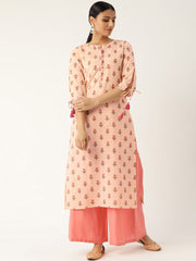 Women Peach Calf Length Three-Quarter Sleeves Straight Floral Printed Cotton Kurta