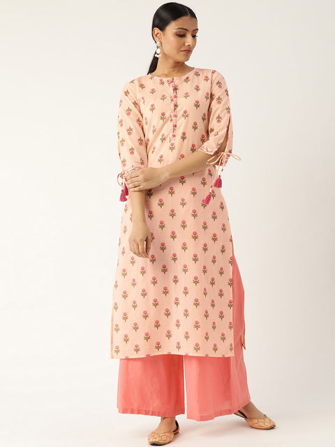 Women Peach Calf Length Three-Quarter Sleeves Straight Floral Printed Cotton Kurta