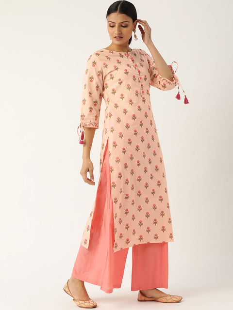 Women Peach Calf Length Three-Quarter Sleeves Straight Floral Printed Cotton Kurta