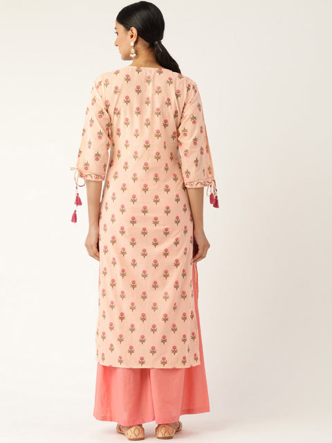 Women Peach Calf Length Three-Quarter Sleeves Straight Floral Printed Cotton Kurta