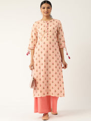 Women Peach Calf Length Three-Quarter Sleeves Straight Floral Printed Cotton Kurta
