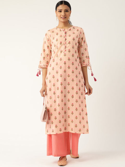 Women Peach Calf Length Three-Quarter Sleeves Straight Floral Printed Cotton Kurta