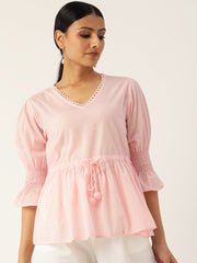Women Pink Three-Quarter Sleeves Smocking Top