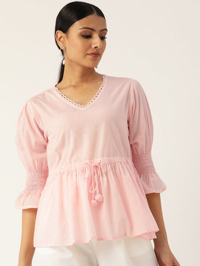 Women Pink Three-Quarter Sleeves Smocking Top