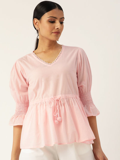 Women Pink Three-Quarter Sleeves Smocking Top
