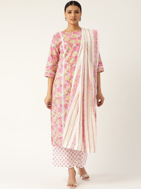 Women Pink & Off-White Printed Kurta with Palazzos & Dupatta