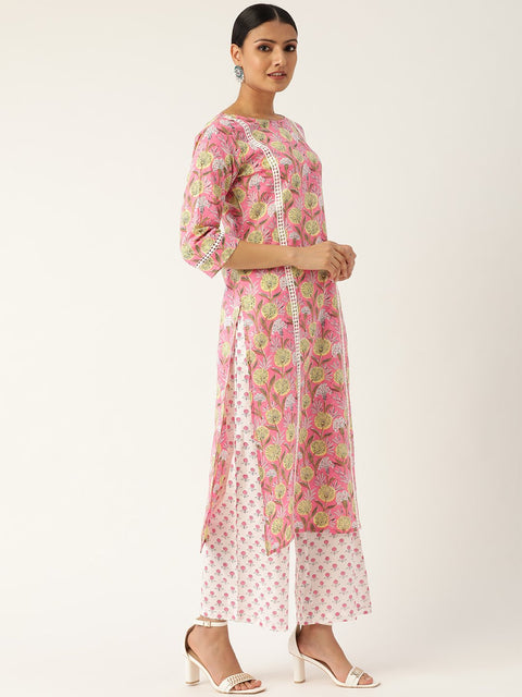 Women Pink & Off-White Printed Kurta with Palazzos & Dupatta