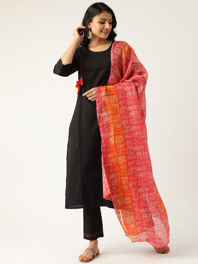 Women Black & Pink Solid Kurta with Trousers & Dupatta
