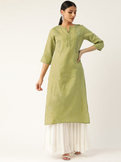Women Green Calf Length Three-Quarter Sleeves Straight Solid Embroidered Cotton Kurta