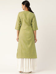 Women Green Calf Length Three-Quarter Sleeves Straight Solid Embroidered Cotton Kurta