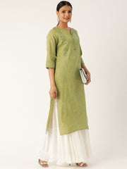Women Green Calf Length Three-Quarter Sleeves Straight Solid Embroidered Cotton Kurta