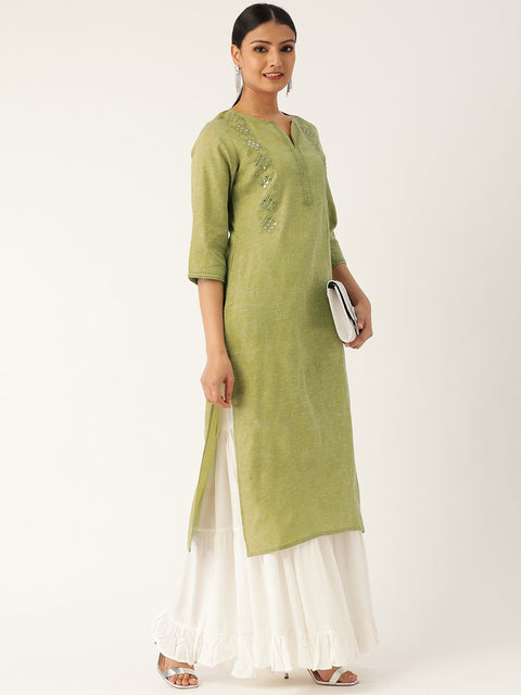 Women Green Calf Length Three-Quarter Sleeves Straight Solid Embroidered Cotton Kurta