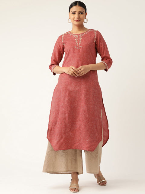 Women Maroon Calf Length Three-Quarter Sleeves Straight Solid Embroidered Cotton Kurta
