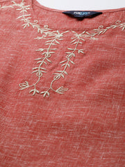 Women Maroon Calf Length Three-Quarter Sleeves Straight Solid Embroidered Cotton Kurta