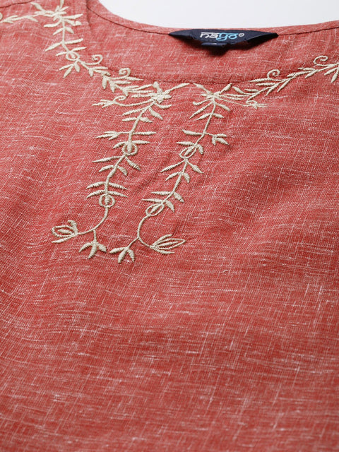 Women Maroon Calf Length Three-Quarter Sleeves Straight Solid Embroidered Cotton Kurta