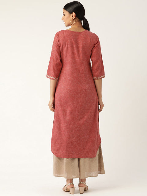 Women Maroon Calf Length Three-Quarter Sleeves Straight Solid Embroidered Cotton Kurta