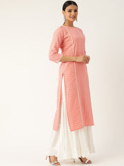 Women Pink Calf Length Three-Quarter Sleeves Straight Striped Striped Cotton Kurta
