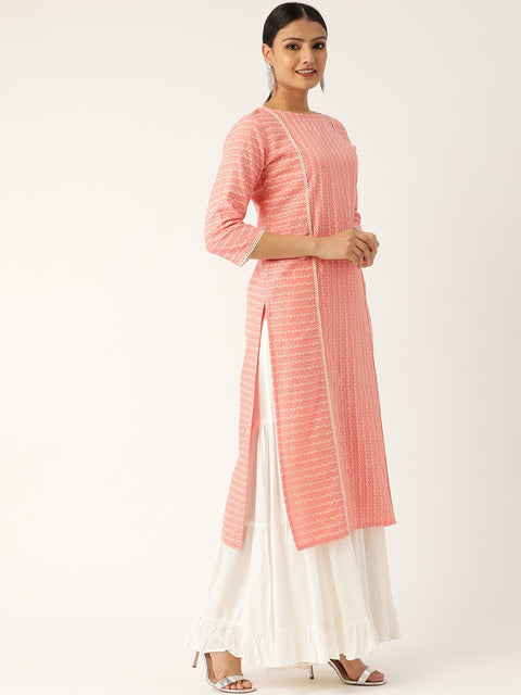 Women Pink Calf Length Three-Quarter Sleeves Straight Striped Striped Cotton Kurta