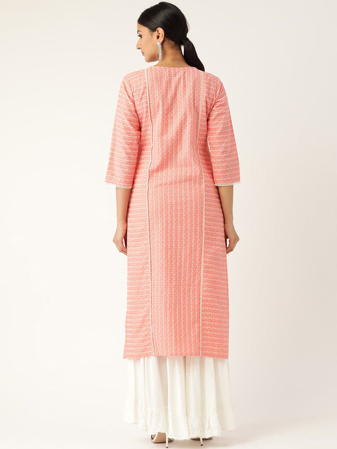 Women Pink Calf Length Three-Quarter Sleeves Straight Striped Striped Cotton Kurta