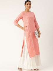 Women Pink Calf Length Three-Quarter Sleeves Straight Striped Striped Cotton Kurta