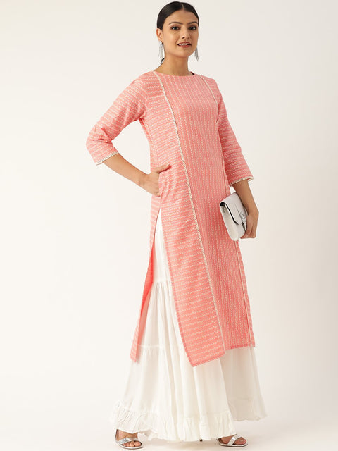 Women Pink Calf Length Three-Quarter Sleeves Straight Striped Striped Cotton Kurta