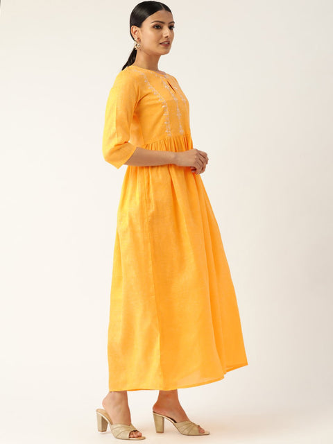 Women Yellow Solid Solid Keyhole Neck Cotton Fit and Flare Dress