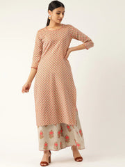 Women Beige & Pink Printed Kurta with Palazzos