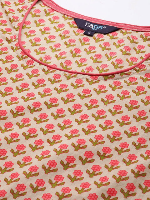 Women Beige & Pink Printed Kurta with Palazzos