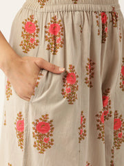 Women Beige & Pink Printed Kurta with Palazzos