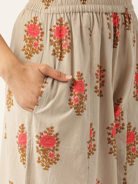 Women Beige & Pink Printed Kurta with Palazzos