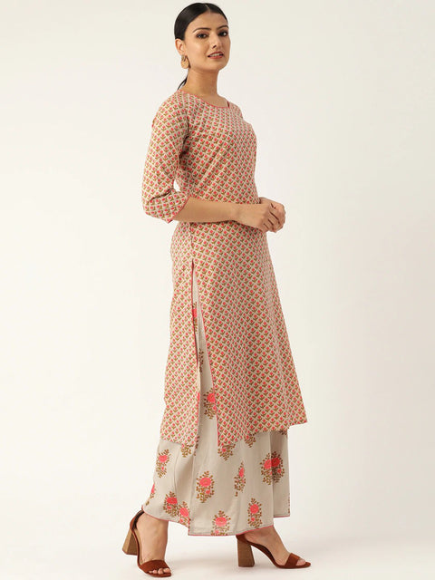 Women Beige & Pink Printed Kurta with Palazzos