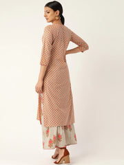 Women Beige & Pink Printed Kurta with Palazzos