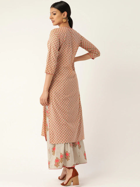 Women Beige & Pink Printed Kurta with Palazzos