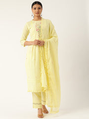 Women Yellow & Pink Embroidered Kurta with Palazzos & Dupatta