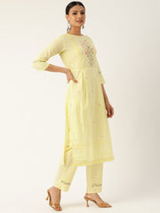 Women Yellow & Pink Embroidered Kurta with Palazzos & Dupatta