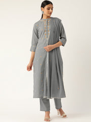 Women Grey & Orange Embroidered Kurta with Trousers & Dupatta