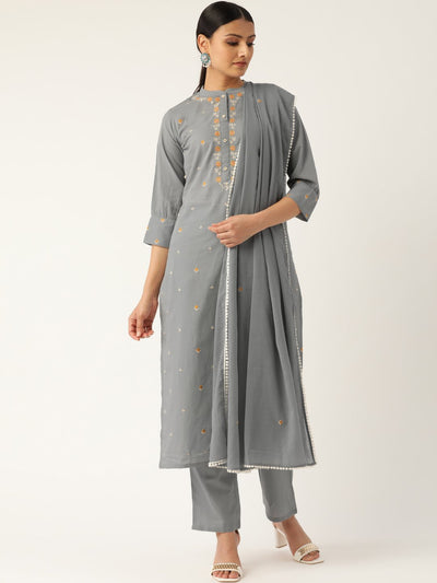 Women Grey & Orange Embroidered Kurta with Trousers & Dupatta