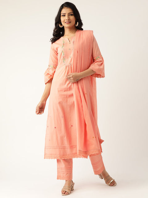 Women Peach-Coloured Embroidered Kurta with Palazzos & Dupatta