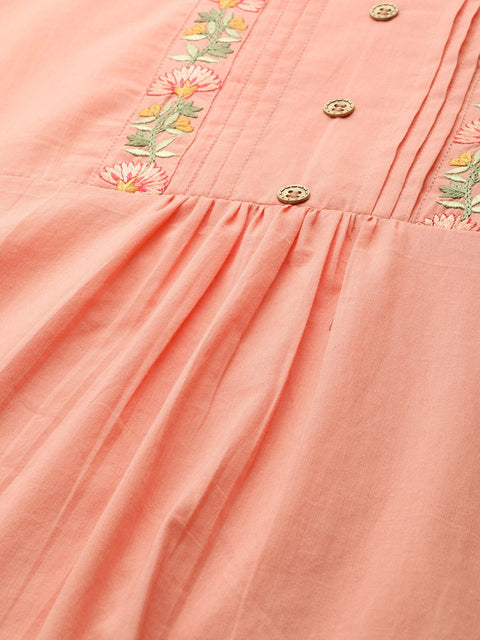 Women Peach-Coloured Embroidered Kurta with Palazzos & Dupatta